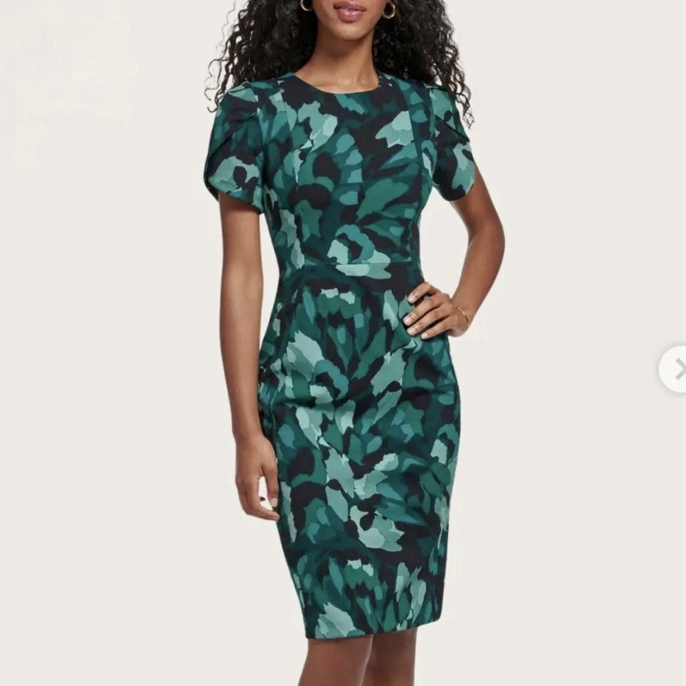 Calvin Klein Green Tulip Sleeve Stretch Crepe Sheath Dress Size 8 Office Work